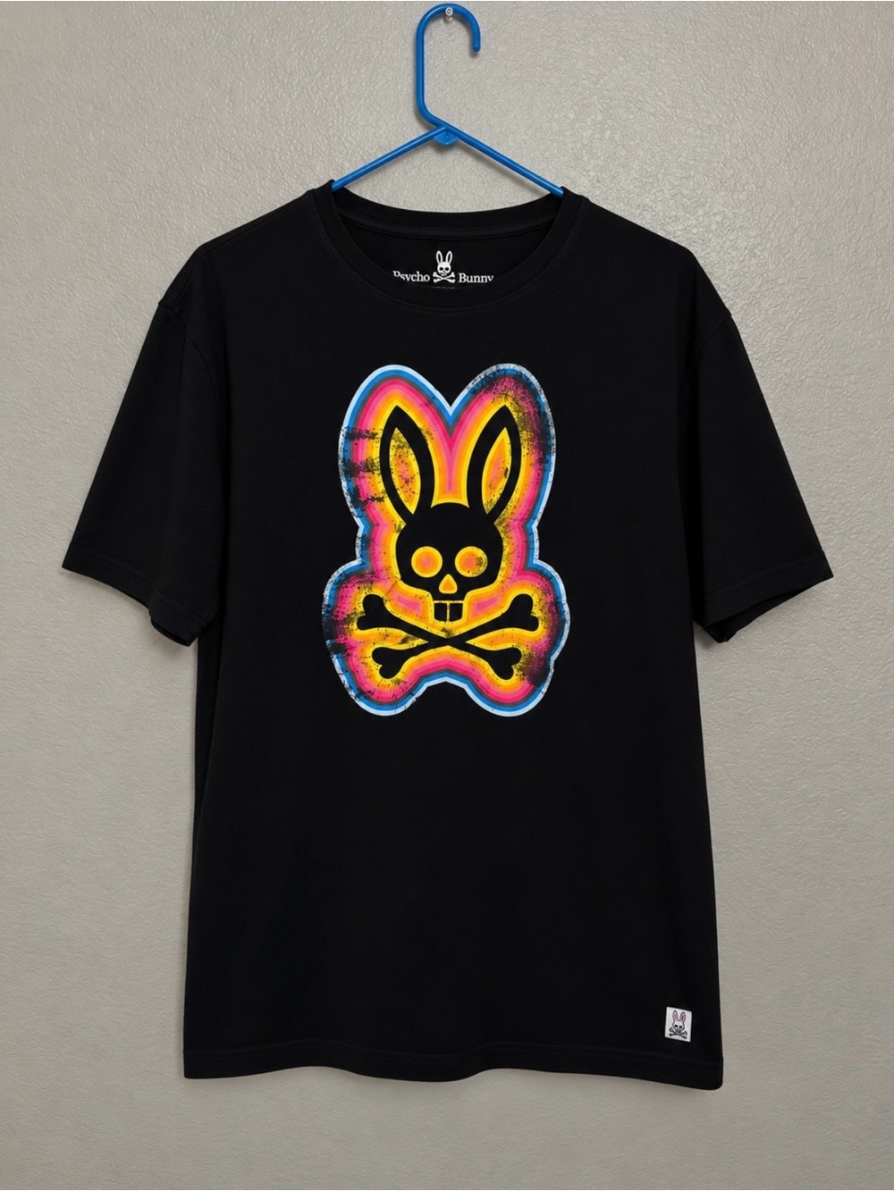 Psycho Bunny Black Tee with Neon Bunny Skull Graphic